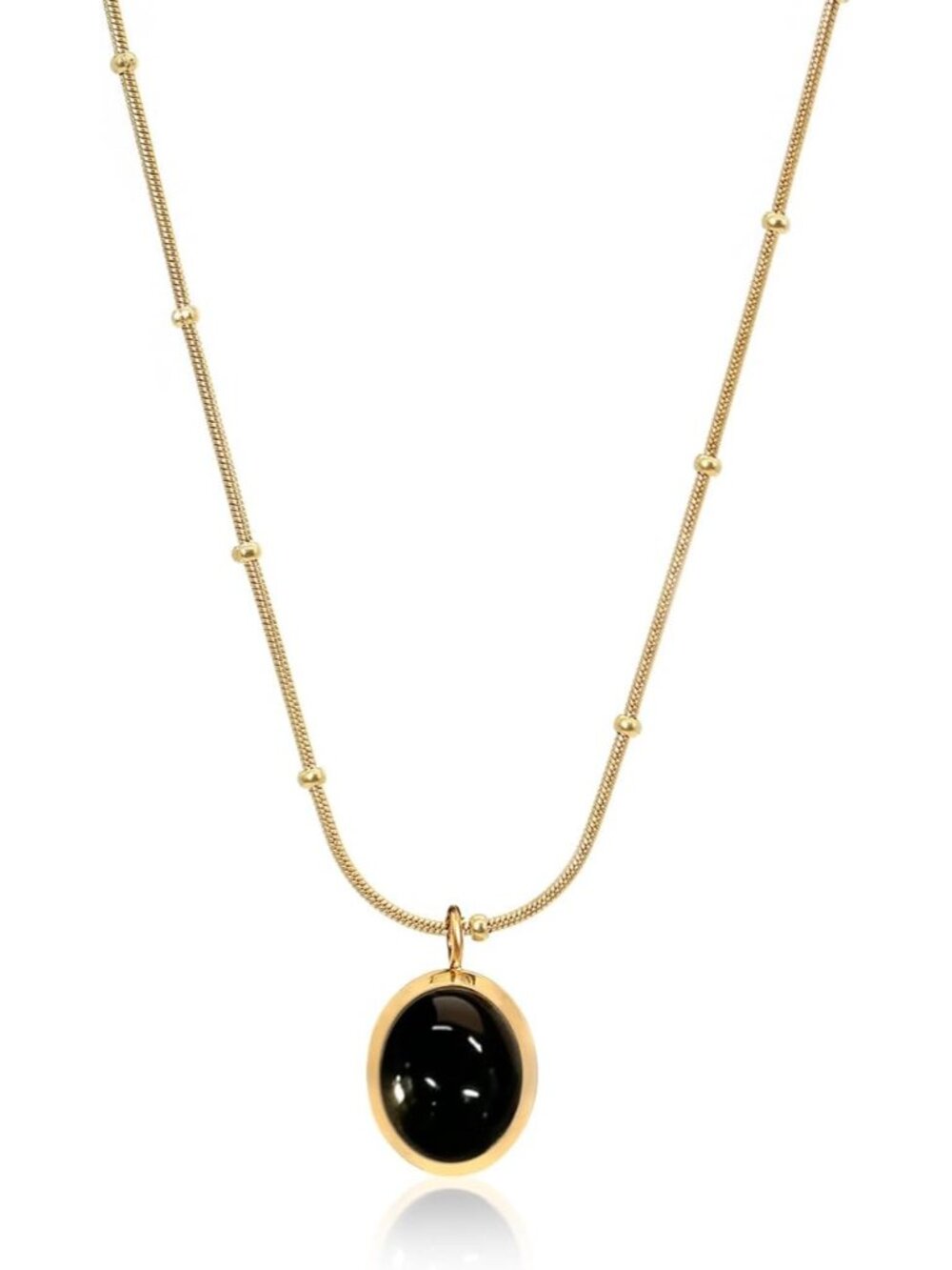 Women's Black Gold Cat Eye Oval Pendant Satellite Chain Beaded Choker Necklace